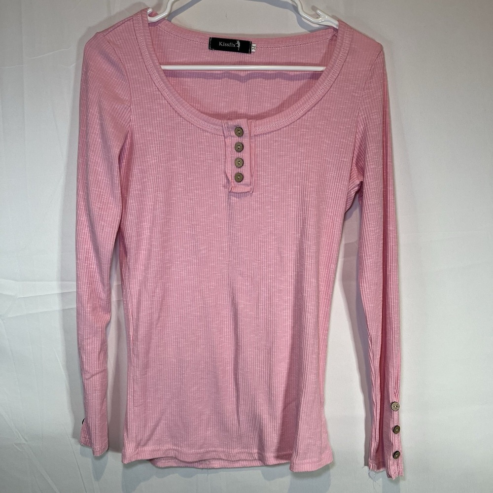 Kissfix Pink Women's Partial Button Scoop Neck Blouse Top Size Medium M Y2K